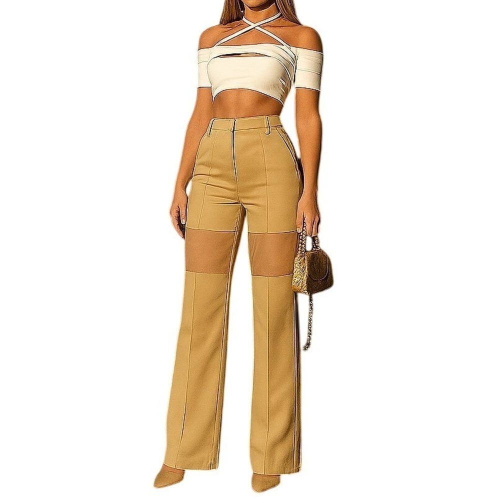 EGO Jess‎ Hunt Beige Mesh Panel High Waisted Wide Leg Pants 2